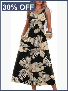 Flowey A-Line Midi Dress with Pockets Scoop Neck Sleeveless Summer Casual